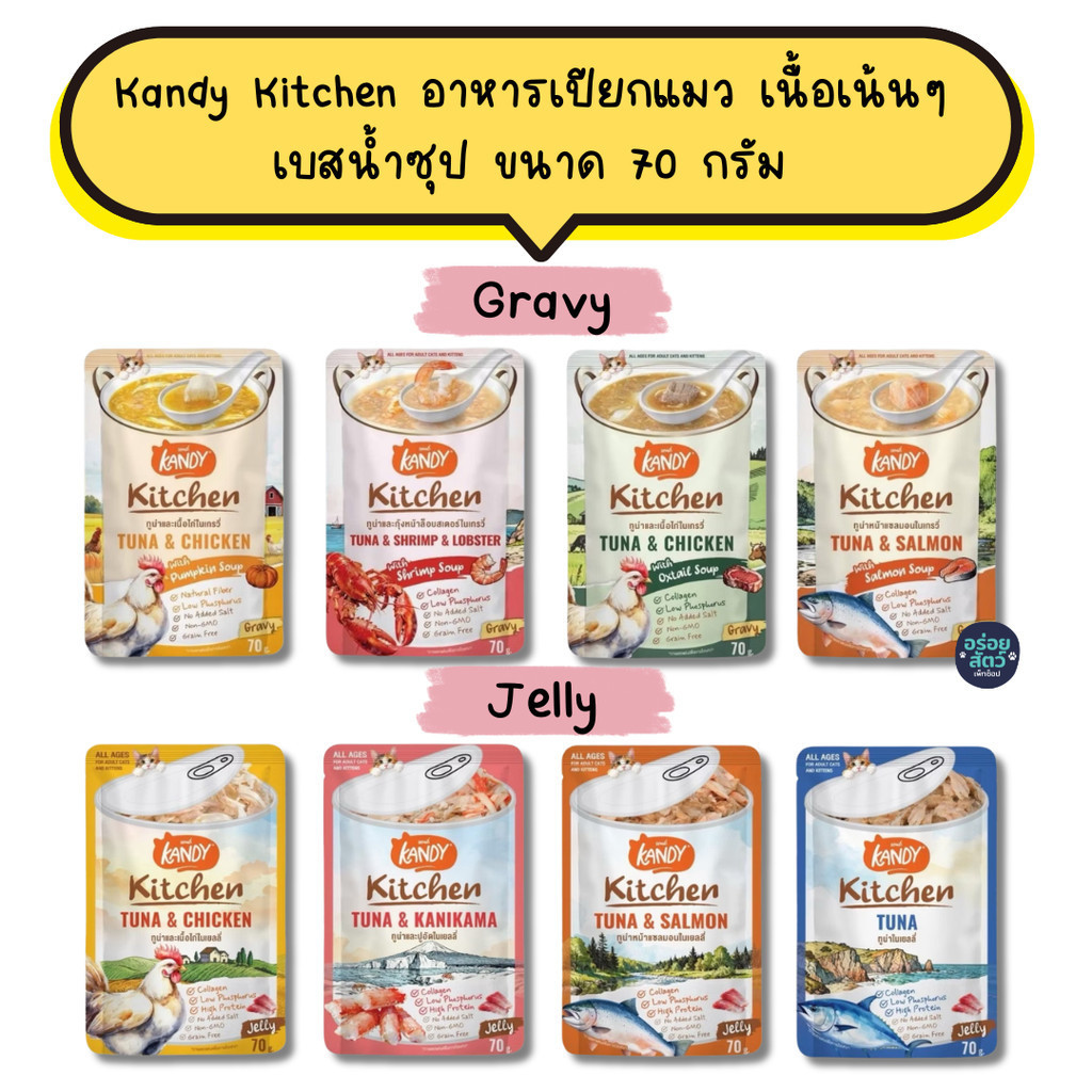 (ยกลัง 48 ซอง) Kandy Kitchen แคนดี้ คิทเช่น อาหารเปียกแมว ไม่ใส่เกลือ เนื้อเน้นๆ  เบสน้ำซุป ขนาด 70 กรัม