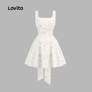(New Arrival) Lovito ชุดเดรสผู้หญิงสไตล์ลําลองพิมพ์ลายโบว์ฤดูใบไม้ผลิ/ฤดูร้อน เกาหลี อินเทรนด์ LK7AD013