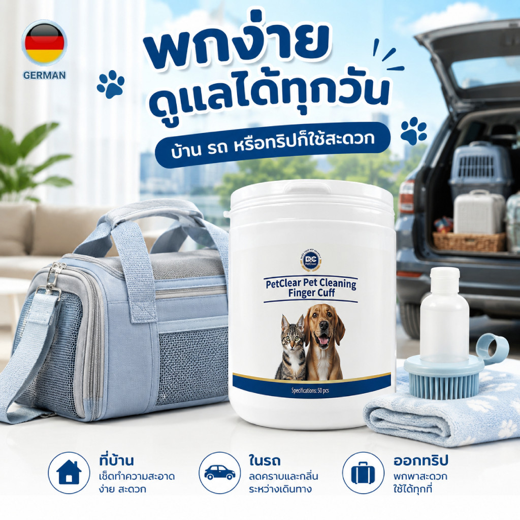 PetClear ผ้าเปียกสวมนิ้ว 3in1 เช็ดฟัน/หู/ตา สำหรับสัตว์เลี้ยง ใช้ง่าย ลดคราบพลัค สะอาดลึก (50 แผ่น)