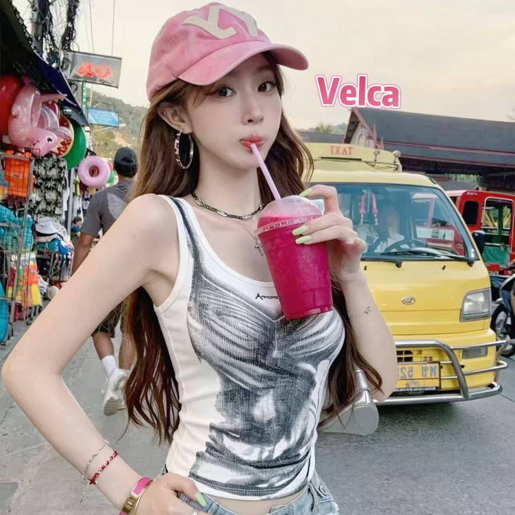 Velca ส่งไวจากไทย 2สี เสื้อแขนกุด พิมพ์ลายวินเทจ อเมริกันสไตล์ เซ็กซี่ ใส่สบาย แมทช์ง่าย
