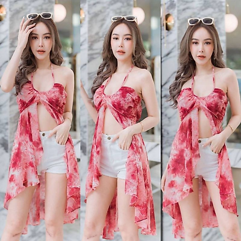 ชุดไปทะเลเสื้อสายเดี่ยวลายมัดย้อม