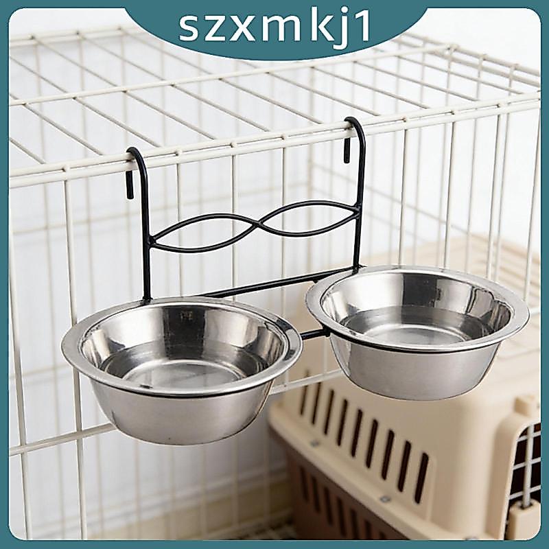 [Szxmkj1] ชามสัตว์เลี้ยงแบบแขวนพร้อมที่วางสแตนเลสกรงคู่ป้อนน้ําจานอาหารชามสูงสําหรับลูกสุนัขสุนัขขนาดเล็กแมว
