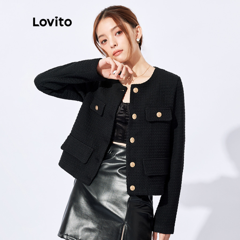 Lovito สง่างาม เสื้อแจ็คเก็ตผู้หญิงคอกลมเรียบติดกระดุมทรงหรูหราฤดูใบไม้ร่วงและฤดูหนาว L32FW095