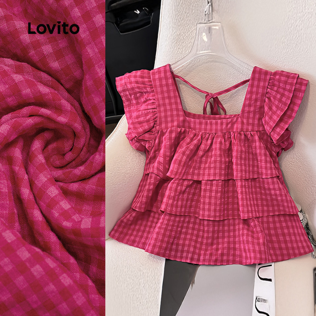 Lovito แคชชวล เสื้อบล็าสแบบผสมชั้น ผูกด้านหลัง สำหรับฤดูใบไม้ผลิ/ฤดูร้อน สีแดงกุหลาบ L137ED818