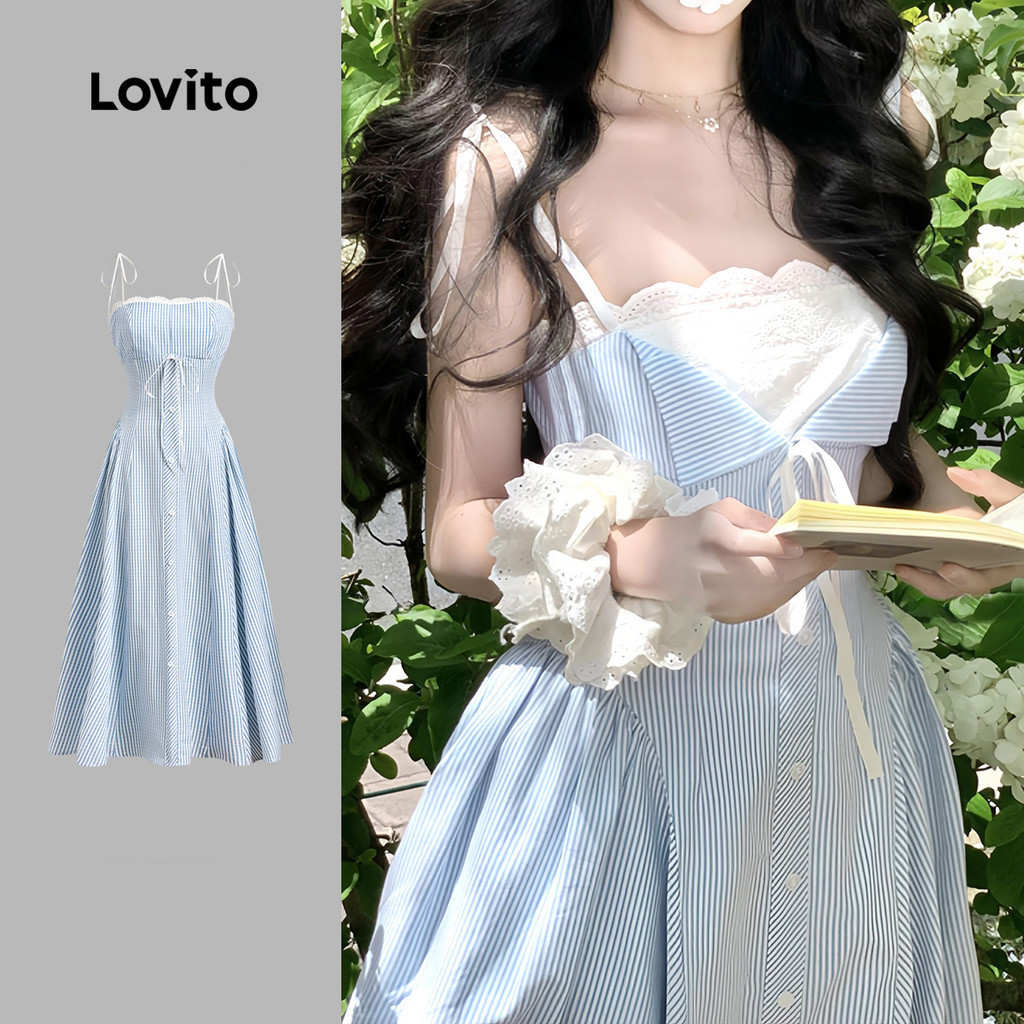 (Casual) Lovito ชุดเดรสลูกไม้น่ารักสำหรับฤดูใบไม้ผลิ/ฤดูร้อน สีน้ำเงิน สำหรับผู้หญิง L144AD305