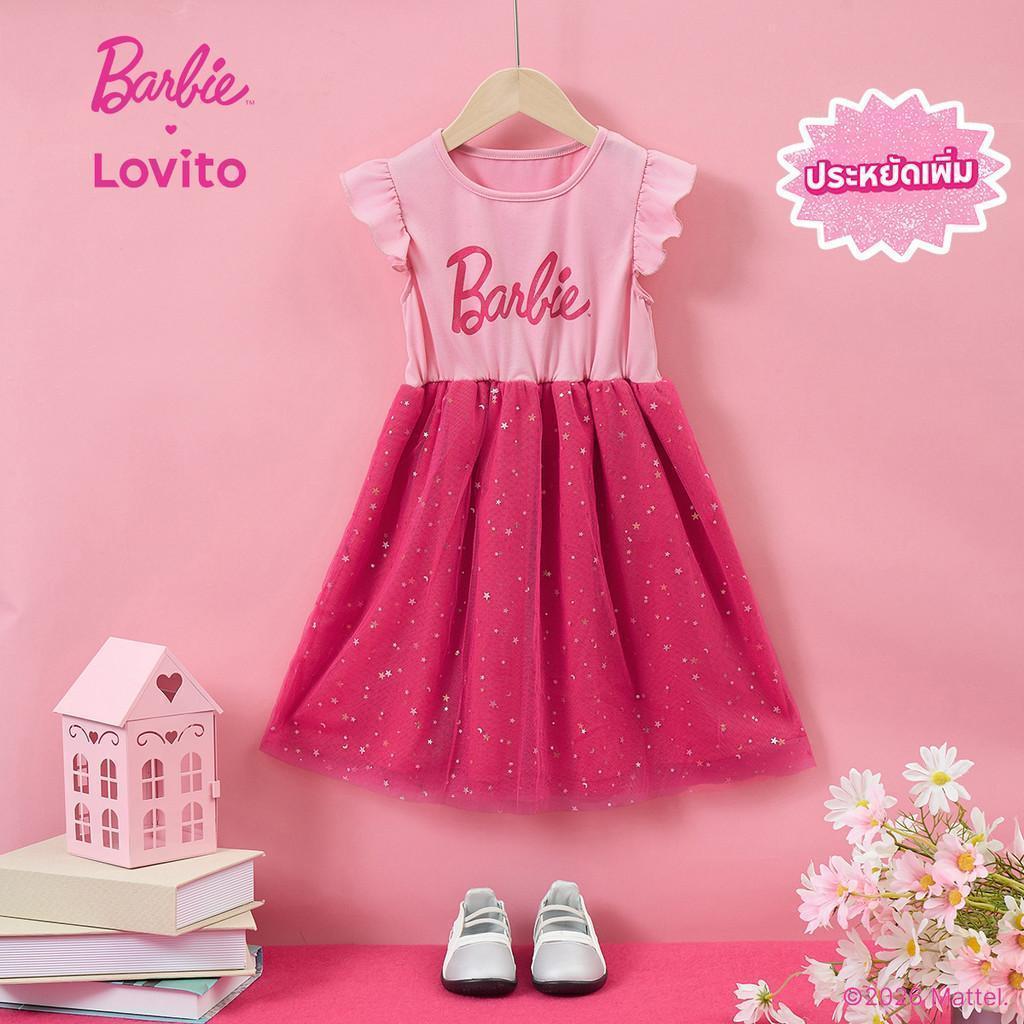 [Summer Sale] Barbie™ X Lovito Kids แคชชวล เดรสสีชมพูประดับเลื่อมสําหรับฤดูร้อนฤดูใบไม้ผลิสําหรับสาวน้อย LB1AD004