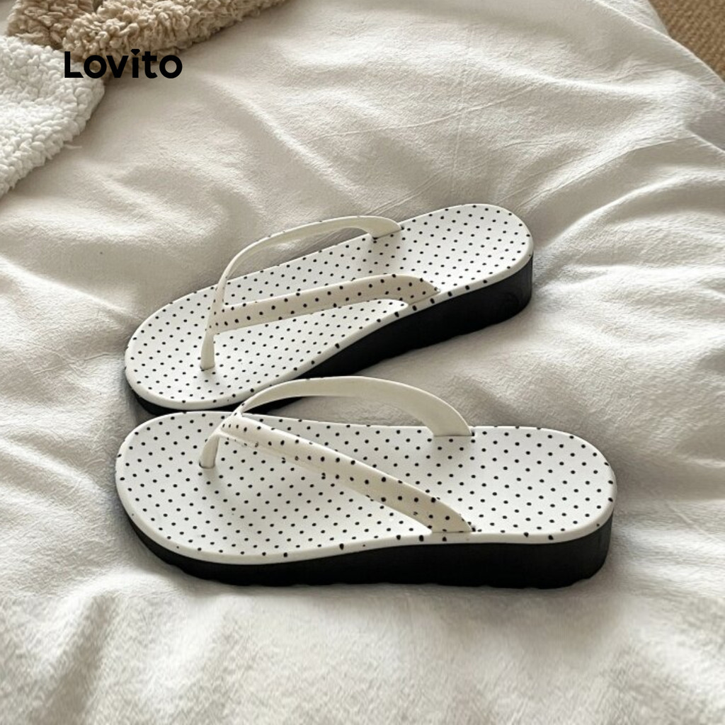 Lovito โบโฮ รองเท้าแตะแบบแบนลําลอง น้ําหนักเบาและยืดหยุ่นดี - รองเท้าแตะคีบ - ลายจุดสีแดงขาว รองเท้าแตะแบนสําหรับผู้หญิง LFA112005