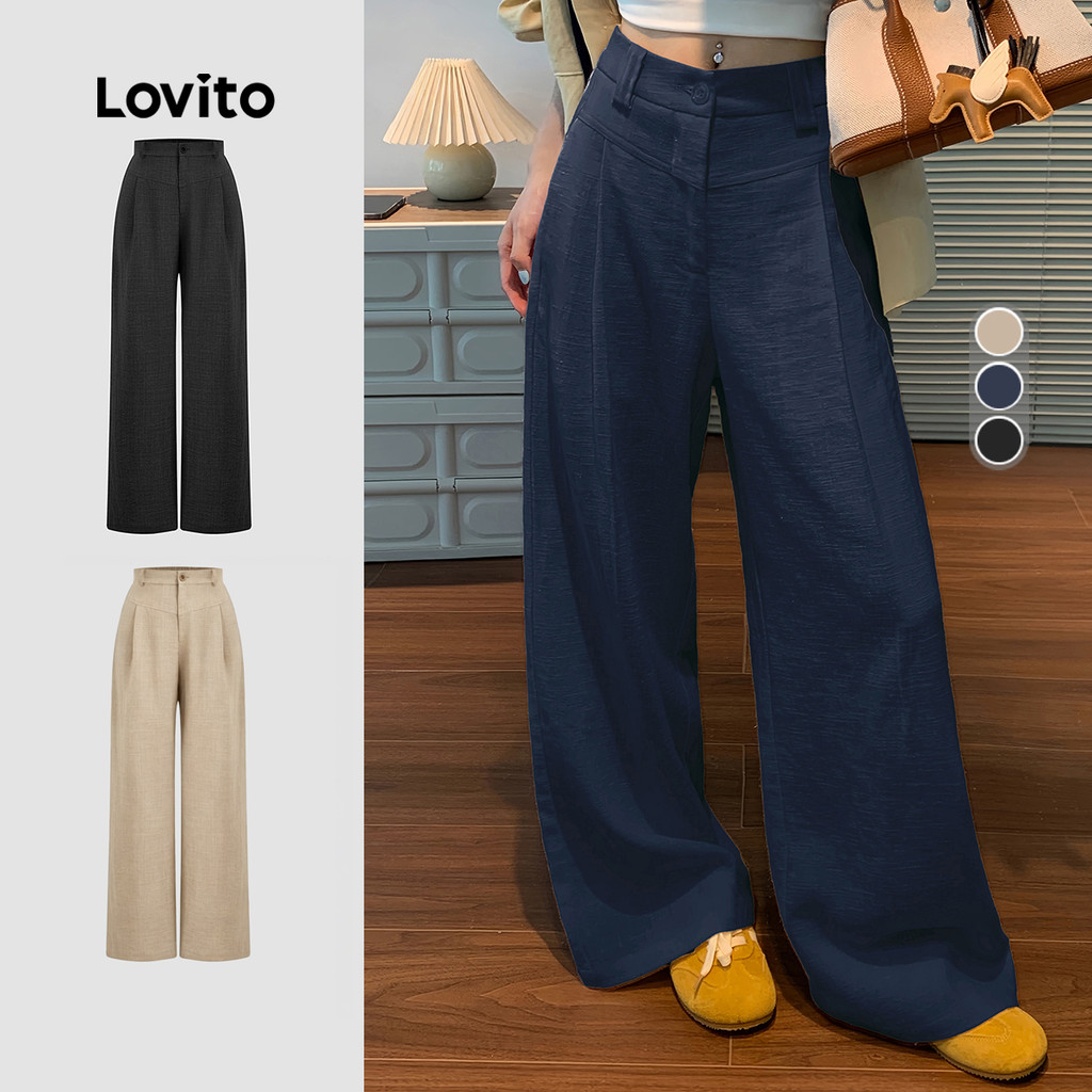 Lovito แคชชวล กางเกงลําลองผู้หญิงสีน้ําเงินกรม เกาหลี อินเทรนด์ L173AD032