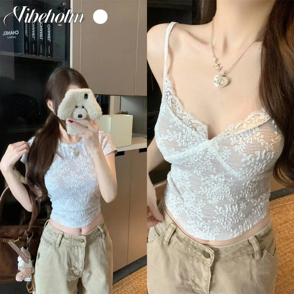 เสื้อยืดแขนสั้นคอวียั่วเซ็กซี่แต่งลูกไม้เหมาะสําหรับผู้หญิงจุ่มกับสายรัดไหล่เข้ารูปตัดเสื้อเหมาะกับฤดูร้อนมีหลายแมทช์เสื้อฮาวายสไตล์ย้อนยุคเข้ารูปสั ผ้า.