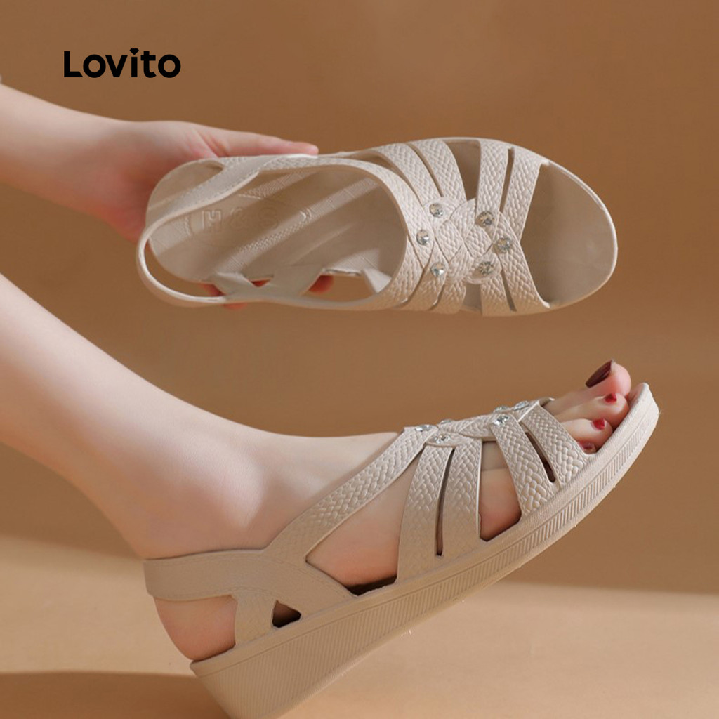 Lovito แคชชวล รองเท้า sandals สีขาวธรรมดา ประดับเพชร สไตล์เรียบง่าย สําหรับฤดูใบไม้ผลิ/ฤดูร้อน รุ่น LFA83030