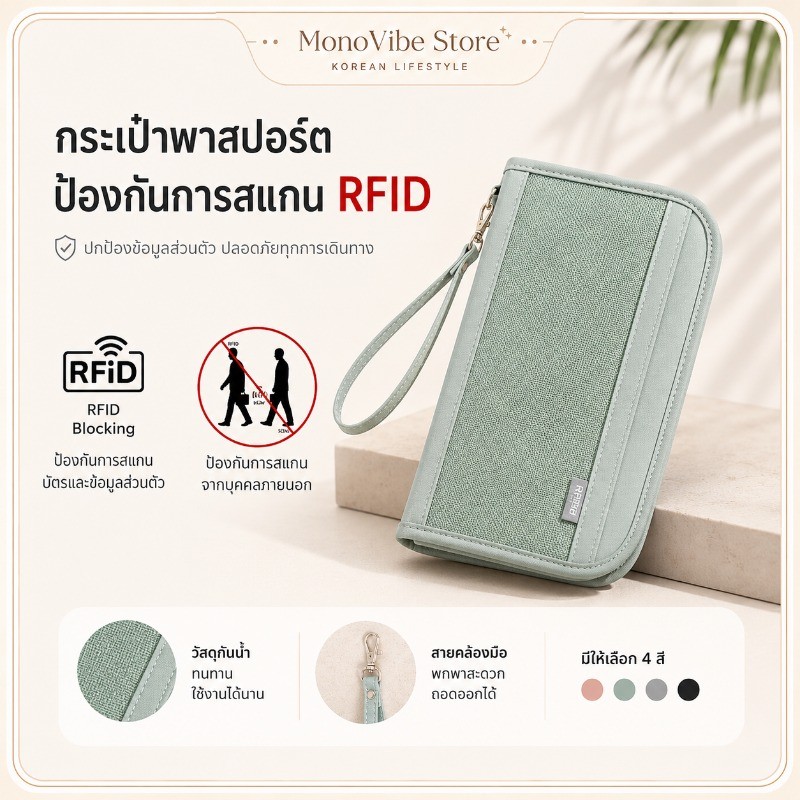 COD กระเป๋าใส่พาสปอร์ตป้องกัน RFID ผ้ากันน้ำ ช่องเก็บของแยกชัดเจน มีสายข้อมือพกพาง่าย เหมาะเดินทางต่างประเทศ