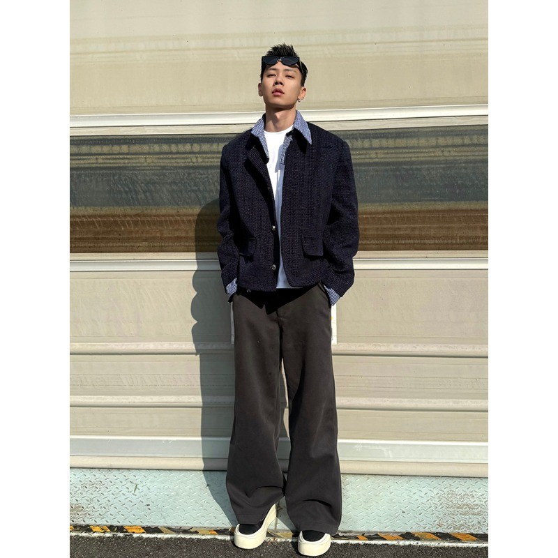 Dueplay แจ็คเก็ตสำหรับผู้ชาย แบบสองชิ้นประกบปก สไตล์ลำลองสั้น อเมริกัน สูง ถนน หลวมแจ็คเก็ตผู้ชายและผู้หญิงฤดูใบไม้ร่วงและฤดูหนาวปลอมสองชิ้นหล่อลายสก๊อตปกเสื้อ - รูปที่ 4