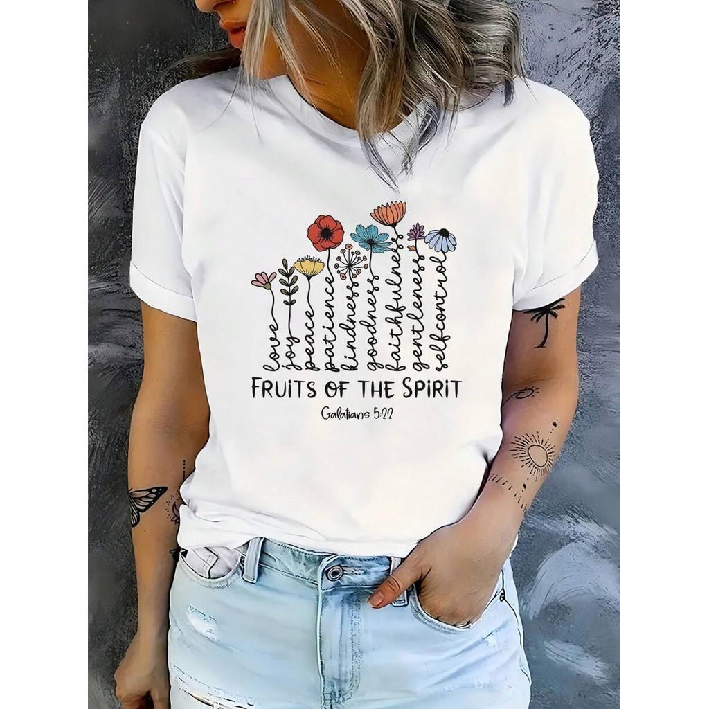 Christian Bible Verse Jesus Christ Print Casual Knit T-Shirt สําหรับผู้หญิง