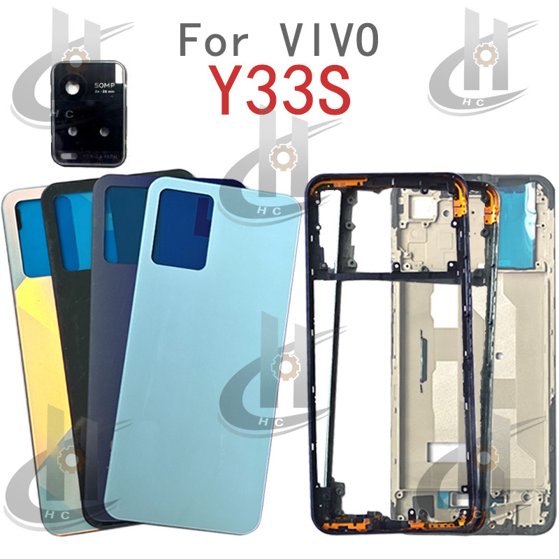 สําหรับ VIVO Y33S Y33T 4G แบตเตอรี่ฝาหลังกรอบกลาง + ปุ่ม + กรอบด้านหน้า LCD + เลนส์กรอบกล้อง