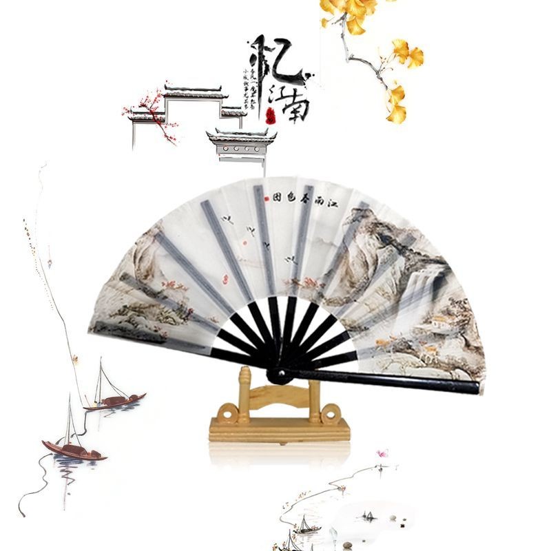 พัดลมพัดลมพัดลมพับ สไตล์โบราณพัดลมเสียงเจียงหนานภูเขาหมึกภาพวาดสไตล์จีนเด็กนักเรียนประถมของขวัญเครื่