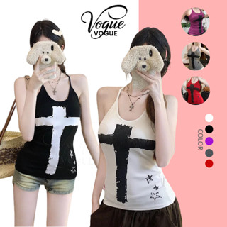 Vogue🌟พร้อมส่ง🌟 เสื้อสายเดี่ยว ดีเทลลายไม้กางเขน สีสดใสยืดพอ…