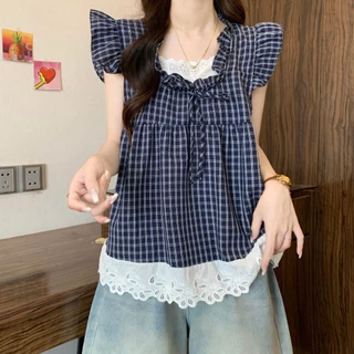 เสื้อเชิ้ตลายสก็อตแขนสั้น แต่งระบายลูกไม้ ทรงวินเทจ ทรงหลวม เนื้อผ้านุ่ม จัดส่งจากประเทศไทย 99172