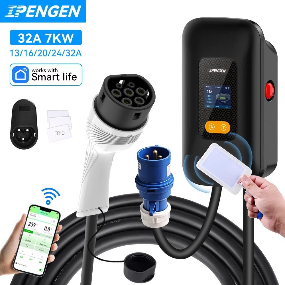 IPENGEN 32A EV สถานีชาร์จ CEE 7KW 1Phase ไฟฟ้ารถชาร์จ Type2 IEC62196-2 EVSE Wallbox APP ควบคุม 5 M ส