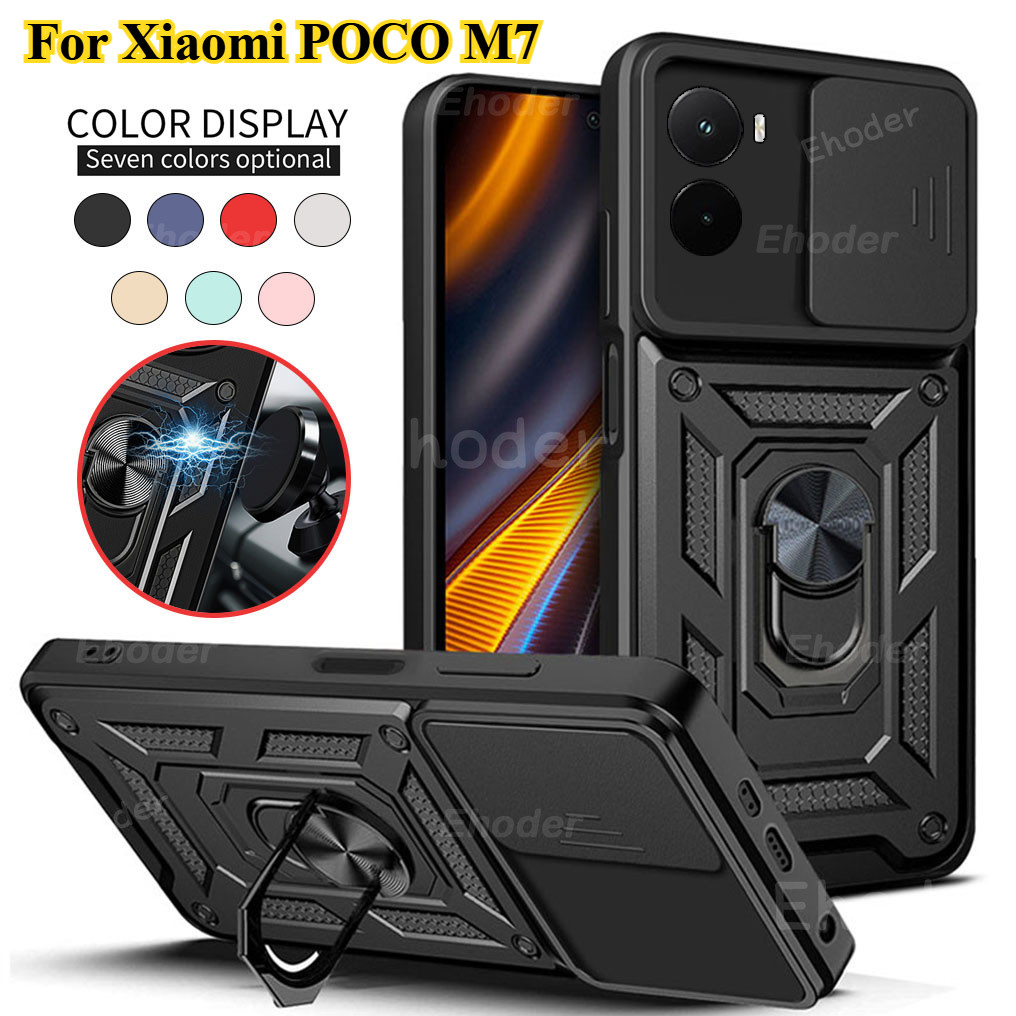 ปลอกสําหรับ Xiaomi POCO M7 Plus 4G 5G 2025 สไลด์กล้องเลนส์ป้องกันกรณีสําหรับ Mi POCOM7 M7Plus POCOM7Plus เกราะกันกระแทกฝาครอบโทรศัพท์ผู้ถือรถแม่เหล็ก
