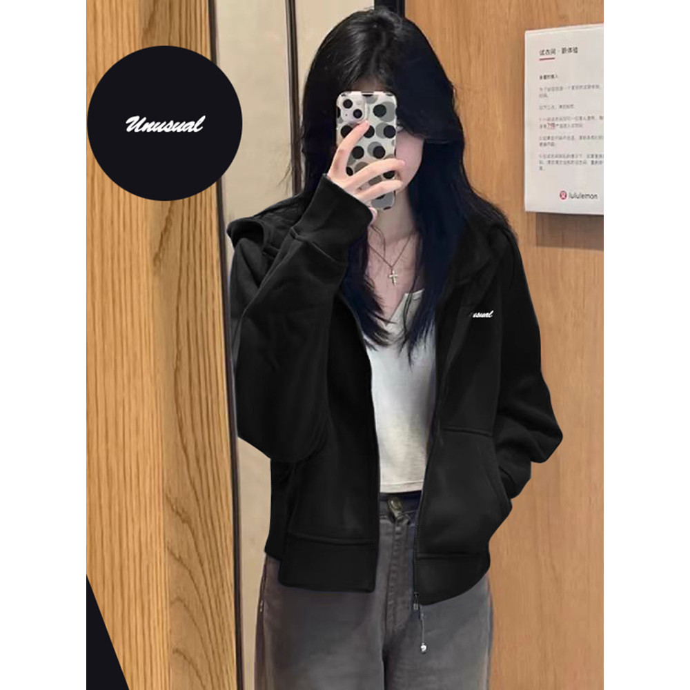 เสื้อแขนยาวmc uniqlo official store เสื้อสเวตเตอร์แขนยาวสีดำแบบสั้นเสื้อคาร์ดิแกนมีฮู้ดสำหรับผู้หญิง