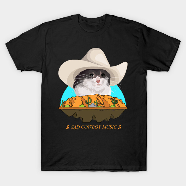เสื้อยืด Vintage Sad Cat Wearing a Cowboy Hat Crying Meme T-Shirt แท้ Cotton 100% เสื้อกีฬา หลวม