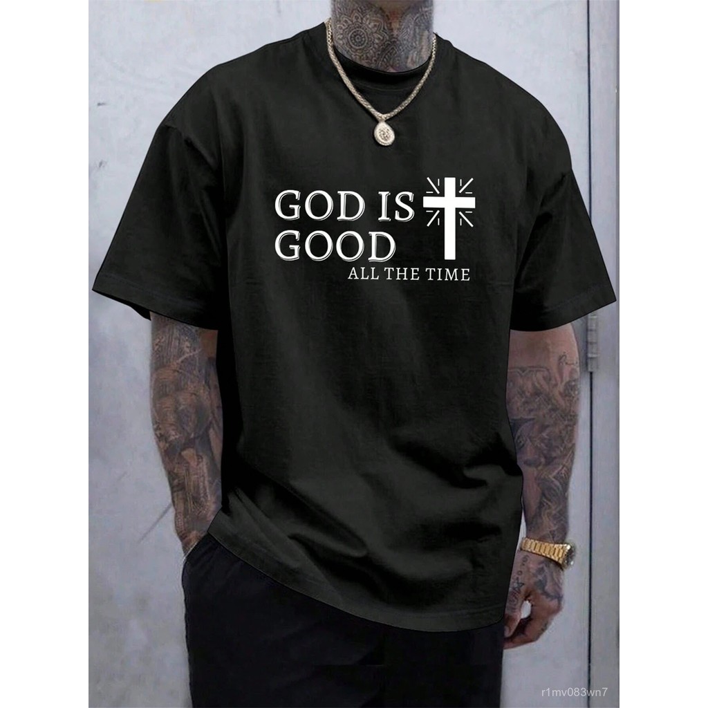 ทีเชิ้ตผู้ชายสบายๆ พิมพ์ลายกางเขน "GOD IS GOOD" ที่สร้างแรงบันดาลใจ - คอวีระบายอากาศได้ดี สวมใส่ได้ทุกฤดู
