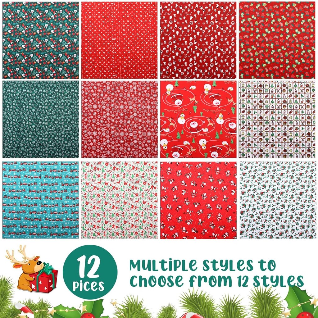 Panelee 12 ชิ้น ผ้า quilting ขนาด 20x20 นิ้ว สำหรับงานคริสต์มาสและโปรเจ็กต์ DIY หัตถกรรม patchwork