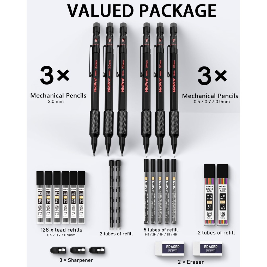Nicpro 27PCS Art Mechanical Pencil Set in Case, Metal Drafting Pencil 0.5, 0.7, 0.9 มม. & 2 มม. พร้อ