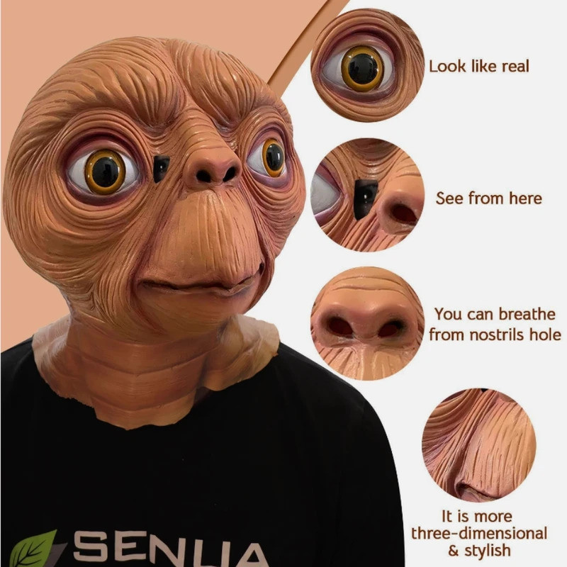 ZH พร้อมส่งRealistic ET Alien Latex Mask Halloween Carnival Party Movie ET คอสเพลย์ที่ทดลองเป็นพิเศษ Creepy ET หน้ากากเต็มหัวเอเลี่ยน - รูปที่ 2