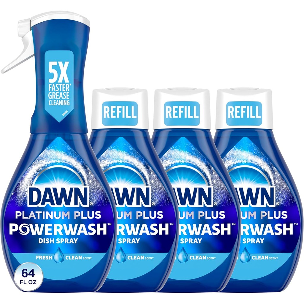 Dawn Platinum Powerwash Dish Spray, Dish Soap Liquid, Fresh Scent Bundle, 1 Spray (16oz) + 3 Refills