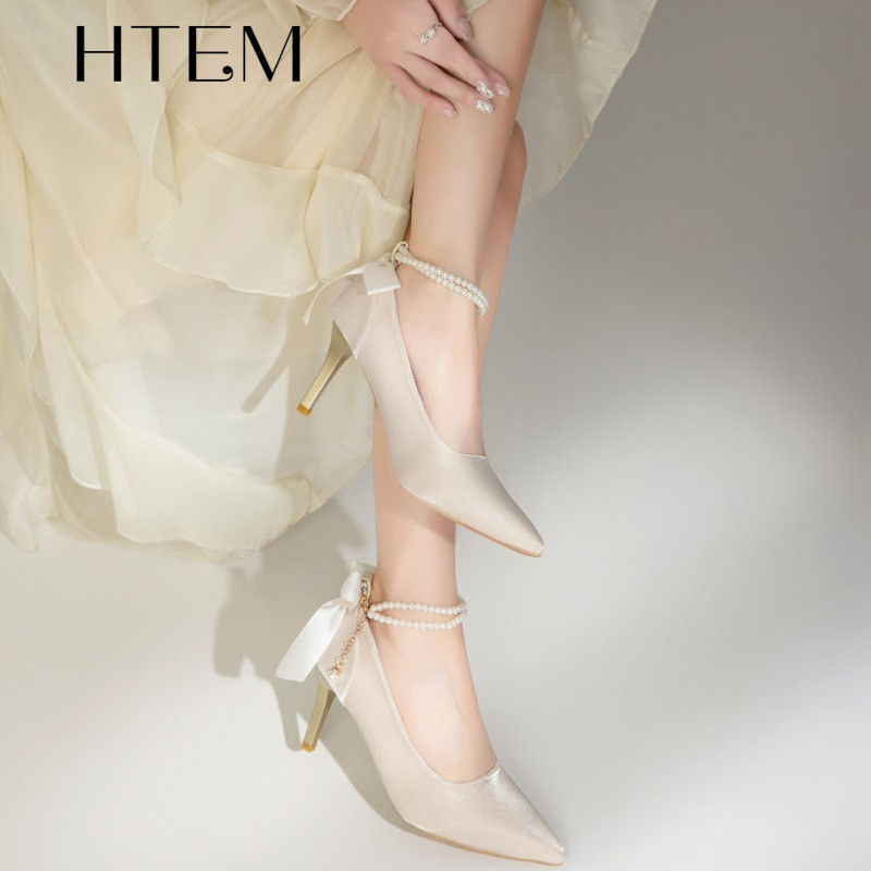 HTEM 2025 รองเท้าส้นสูงใหม่, รองเท้าแต่งงานแชมเปญ, รองเท้าส้นเข็มโบว์, สวมใส่ได้ทุกวัน, อารมณ์รองเท้าส้นสูง,