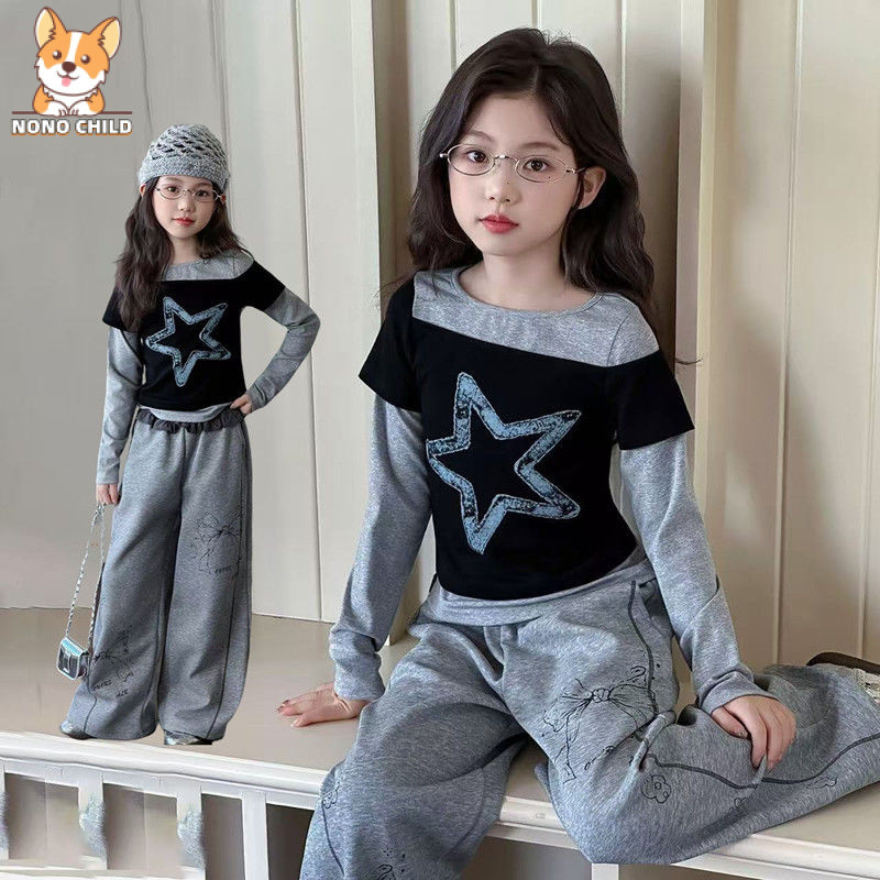 NONO สาวชุด 2 ชิ้น (ด้านบน + กางเกง) 120 ซม.-170 ซม.ชุดสไตล์ใหม่ฤดูใบไม้ผลิเกาหลีรุ่น Influencer Casual เสื้อผ้าเด็กกีฬาสองชิ้นเสื้อแขนยาว