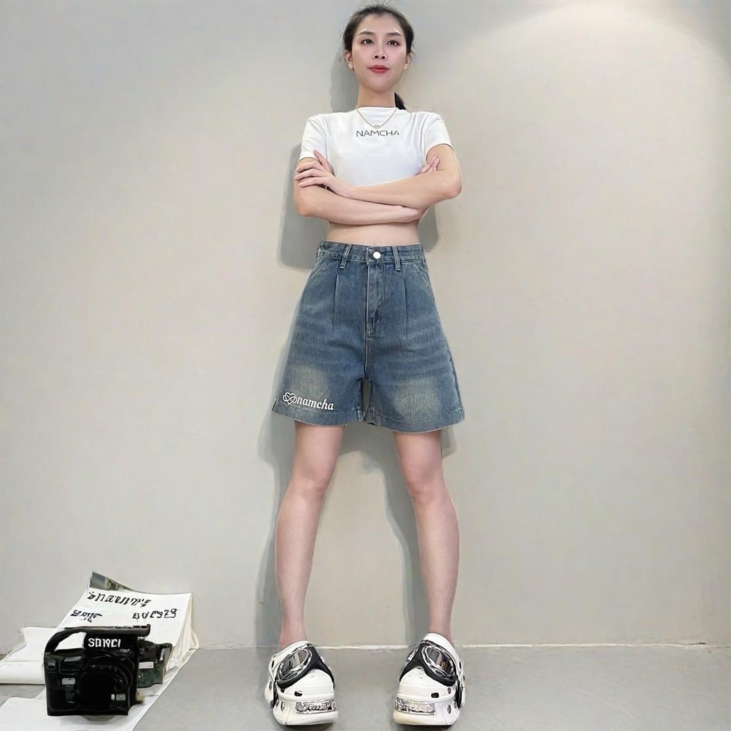 NAMCHA กางเกงยีนส์ขาสั้นเอวสูง ปลายขา ปักNAMCHA สีวินเทจ 177