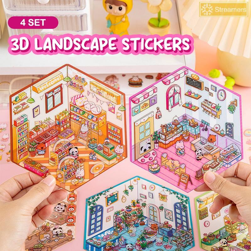 {Streamers} 4Set Cartoon Kawaii Miniature Scene Visual Stacking Stickers Miniature 3D Landscape Scen