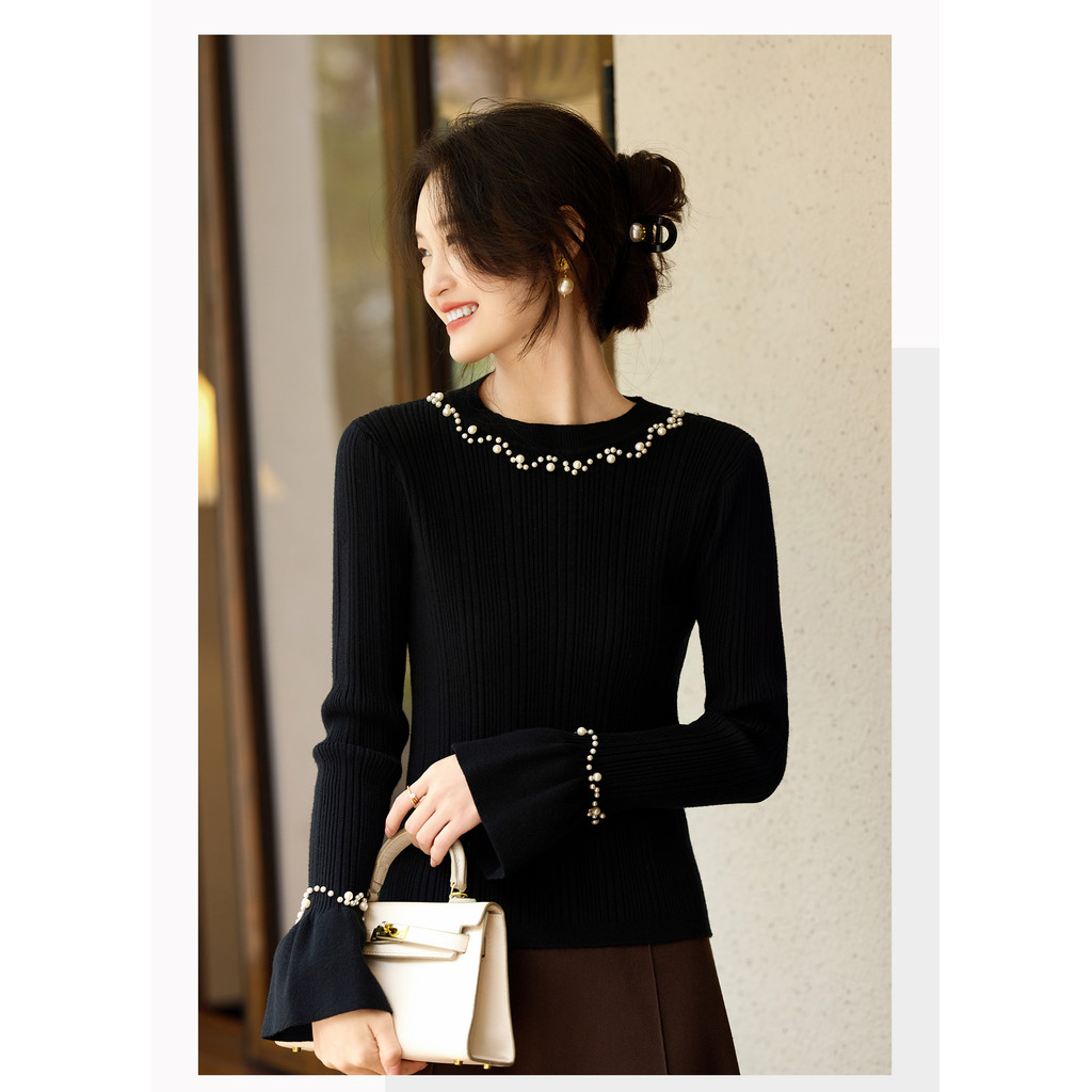 Home Good French Hera สีดําลูกปัดรอบคอ Flared Sleeve ถัก Bottoming เสื้อผู้หญิงฤดูใบไม้ร่วง 7OUF