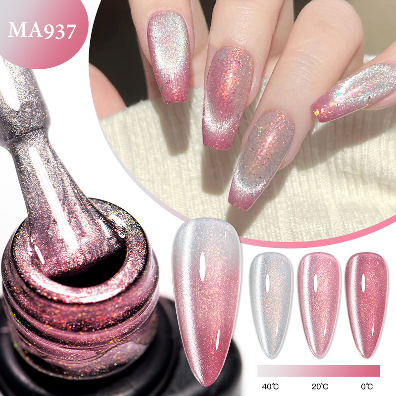MEET ACROSS 7ml Glitter ความร้อนแม่เหล็กเล็บเจลอุณหภูมิเปลี่ยนสีชมพูประกาย UV เล็บเคลือบเงา
