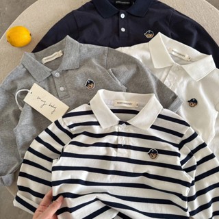 เสื้อโปโลแขนยาวสำหรับหนุ่มในฤดูใบไม้ร่วง ลายหมีการ์ตูน ใส่ง่…