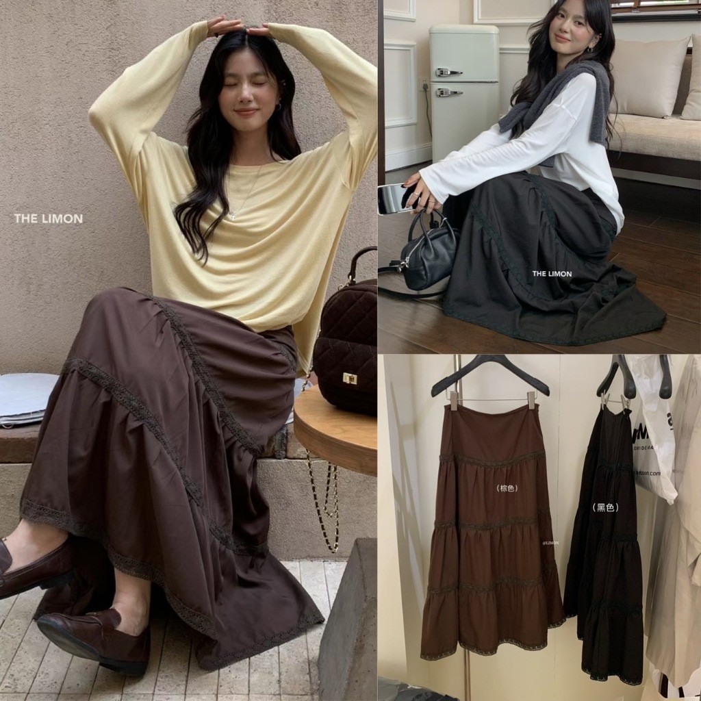 🧡🧵 🇰🇷 LM1103 ระโปรงยาว ทรงบาน แบบสาวเกาหลี แต่งเย็บผ้าเป็นชั้น งานซิปข้าง แฟชั่นเกาหลี TAG WG.WE 🧵🧡