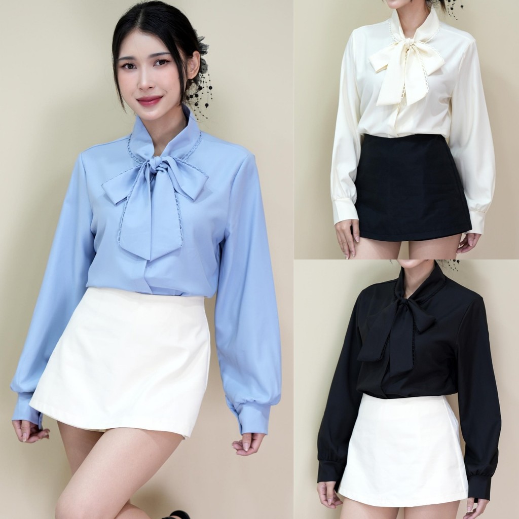 เสื้อเชิ้ตแขนยาวแต่งสายผูกคอโบว์ รุ่นติดกระดุมซ่อน แนวเกาหลี เนื้อผ้าคอตตอน นุ่มนิ่ม ใส่สบาย ทรงสวยเข้ารูป