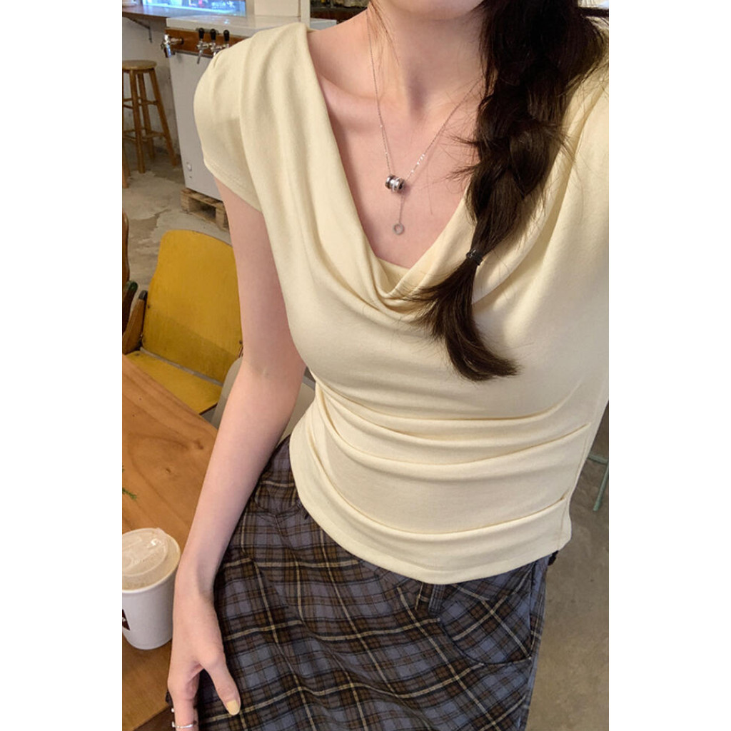 VALUNEE S~XL French Off Shoulder Drape Neck Crop Top เสื้อยืดแขนสั้นผู้หญิง