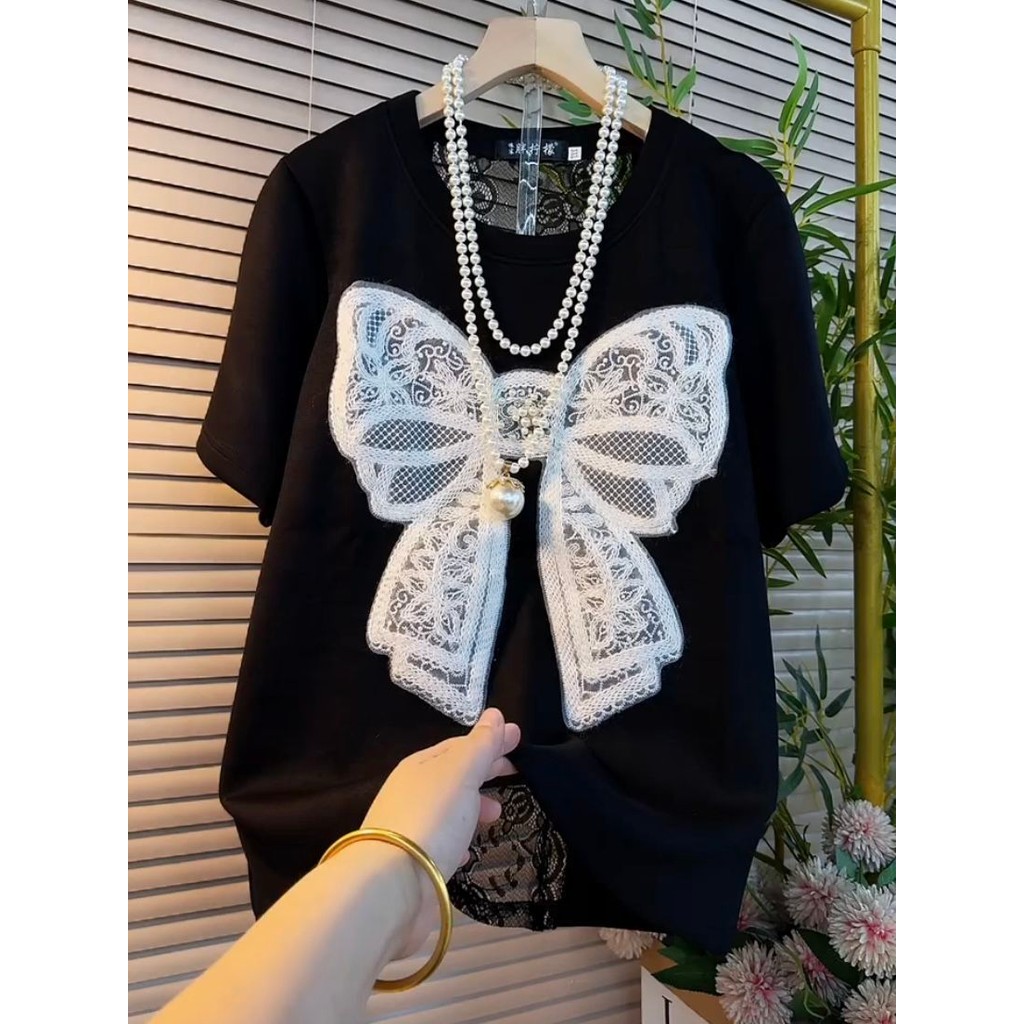 40-150kg2025 ฤดูร้อนโบว์ลูกไม้เย็บแขนสั้นเสื้อยืดผู้ชายผู้หญิงขนาดใหญ่หลวมSlimmerดูรอบคอครึ่งแขนด้าน