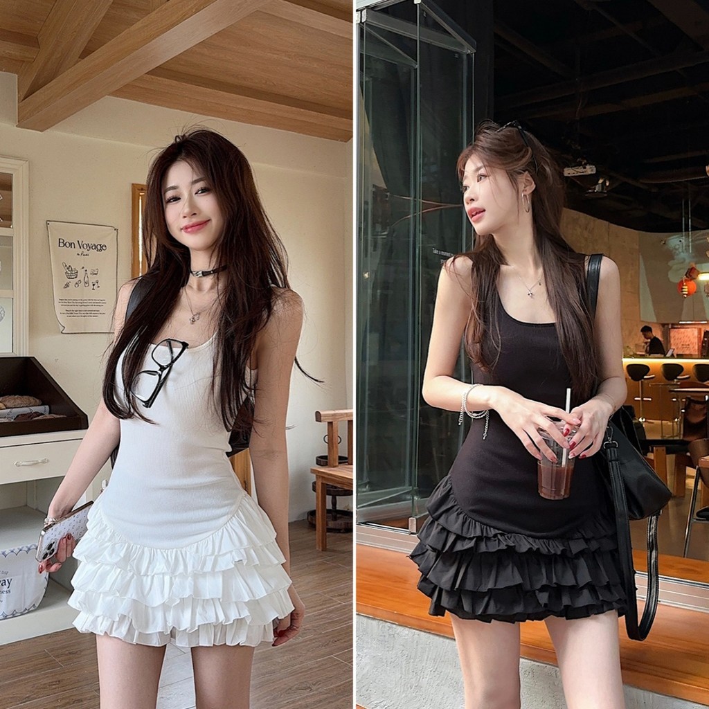 Bella shop ชุดเดรสทรงเข้ารูปสลิง กระโปรงพลีท A-Line ทรงเข้ารูป เซ็กซี่ สไตล์เกาหลีเรียบง่าย