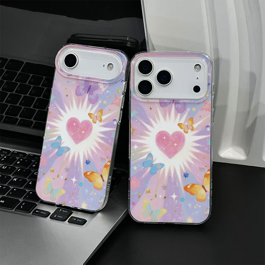 เคสไอโฟน13 หัวใจสีชมพูผีเสื้อแสนสวย กันกระแทก For IPhone 11 15 13 16 12 14 Pro Max 12 Pro 16 11 13 14 Pro 14 15 16 Plus