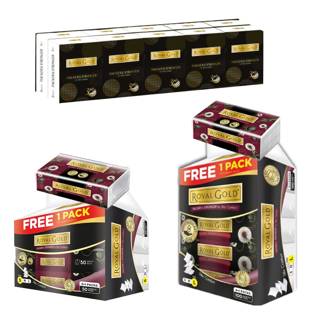 ROYAL GOLD Tissue Hanky Pocket 3 PLY ( 10 x 8s ) / Travel Pack 3PLY ( 3+1 x 50s ) / Soft Pack 3 PLY 