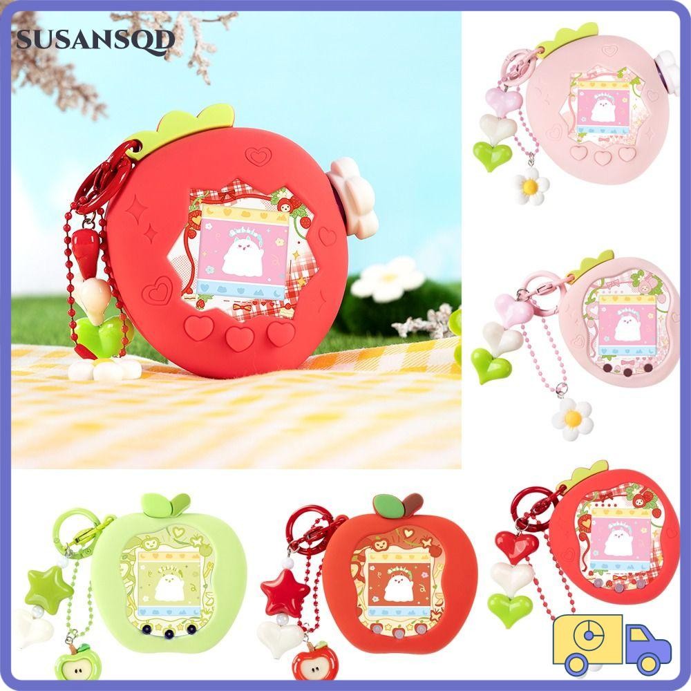 SUSANSQD ฝาครอบป้องกัน, ซิลิโคนพร้อมแผงจี้กระดาษเกราะป้องกัน, ฝาครอบลูกบิดสีแดงสีชมพูสตรอเบอร์รี่ตกแต่งสําหรับ Tamagotchi Paradise Uni