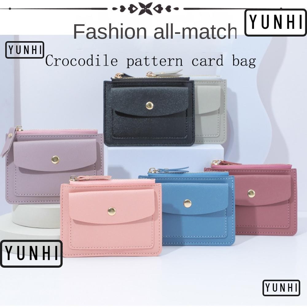 Yunhi กระเป๋าสตางค์ ใบสั้น หนัง PU มีซิป ใส่เหรียญได้หลายใบ สีพื้น แฟชั่นสําหรับสตรี