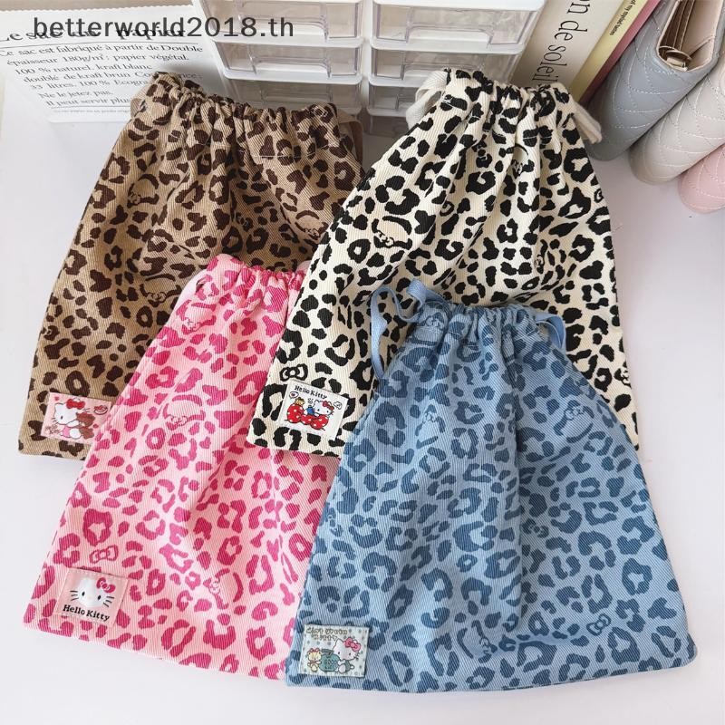 [bet] 1 ชิ้นน่ารัก KT Cat เสือดาวพิมพ์ Drawstring Pouches 27x27 ซม.ขนาดใหญ่ความจุมือถือกระเป๋า Hello