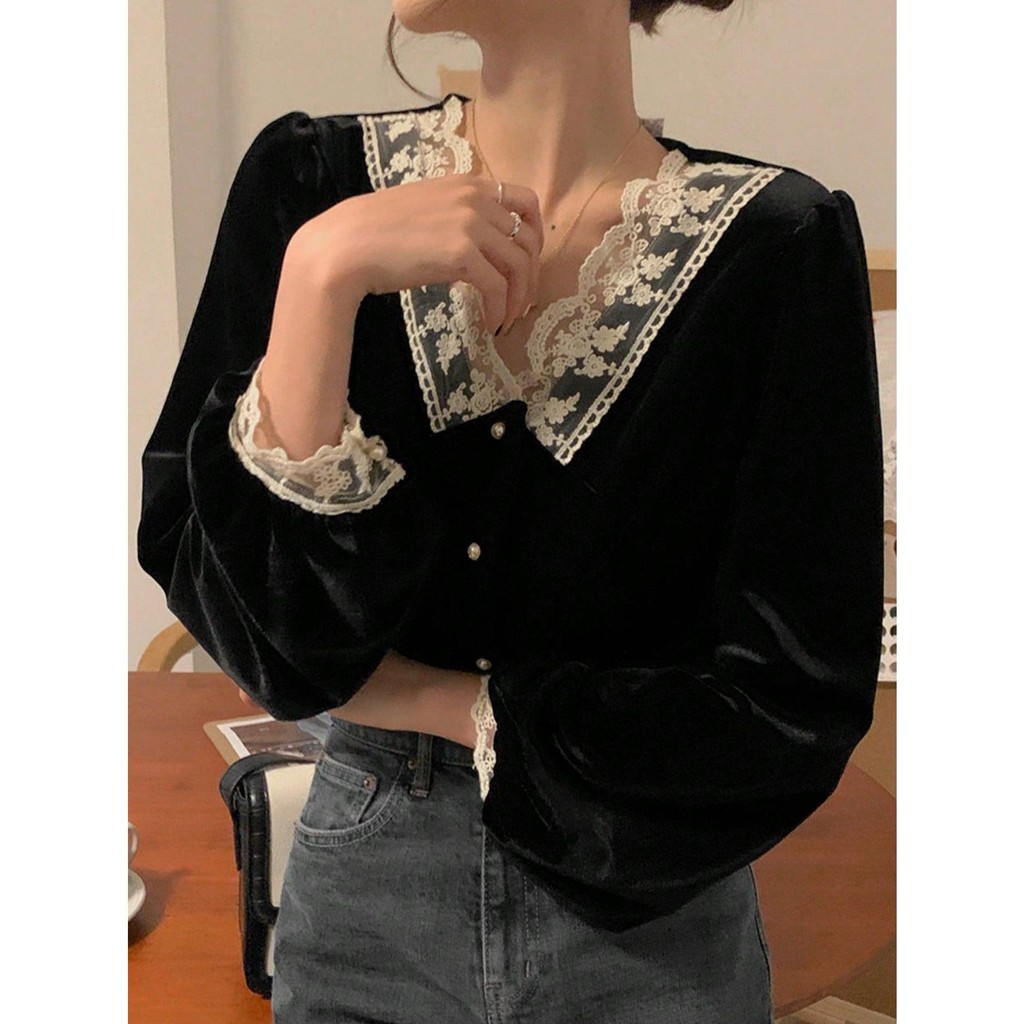 mimi&didi#เสื้อแขนยาว เสื้อเชิ้ตผู้หญิงผ้ากำมะหยี่ระดับไฮเอนด์ ฤดูใบไม้ร่วง เสื้อเชิ้ตคอวีลูกไม้แบบปะติดปะต่อ#99212