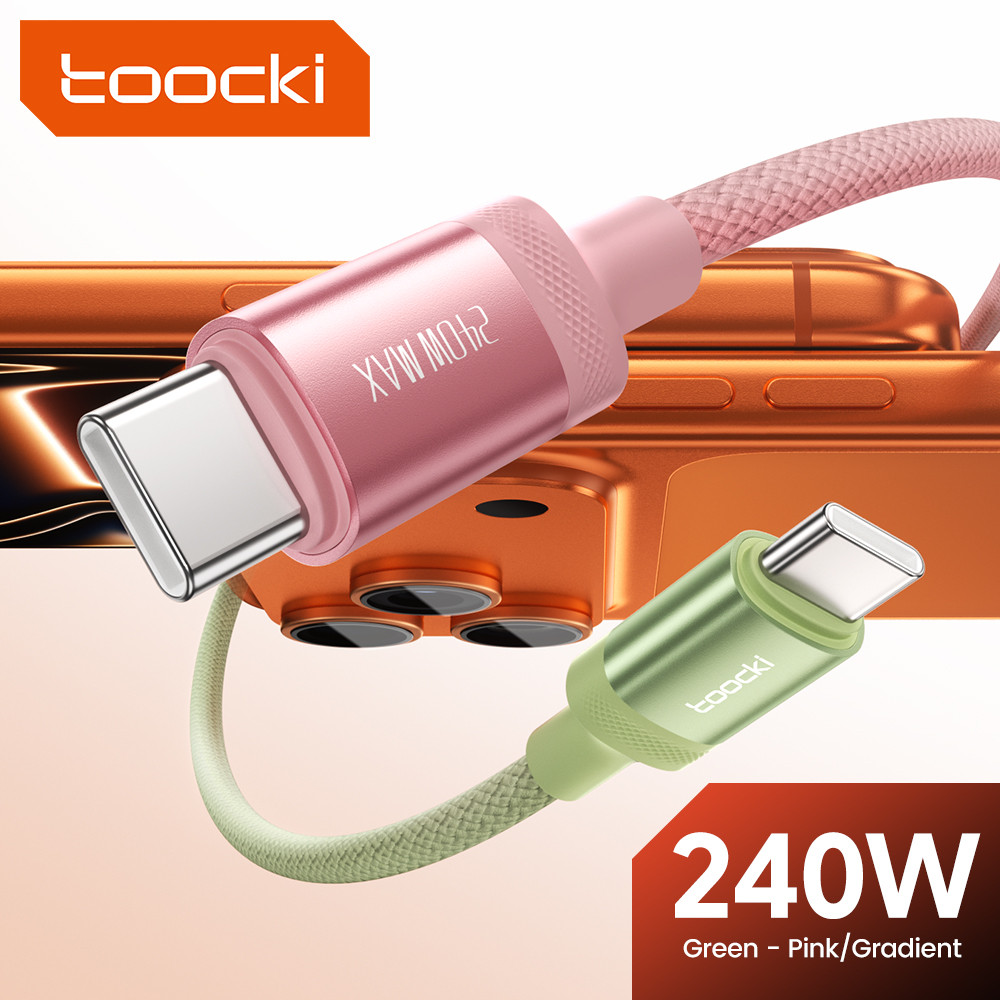 Toocki 240W CC สายไล่ระดับสีที่มีสีสัน PD3.1 Fast Charging สีเขียว-สีชมพู Gradientr สายถัก 5A USB-C อลูมิเนียมข้อมูลสายสําหรับ PC แท็บเล็ตโทรศัพท์