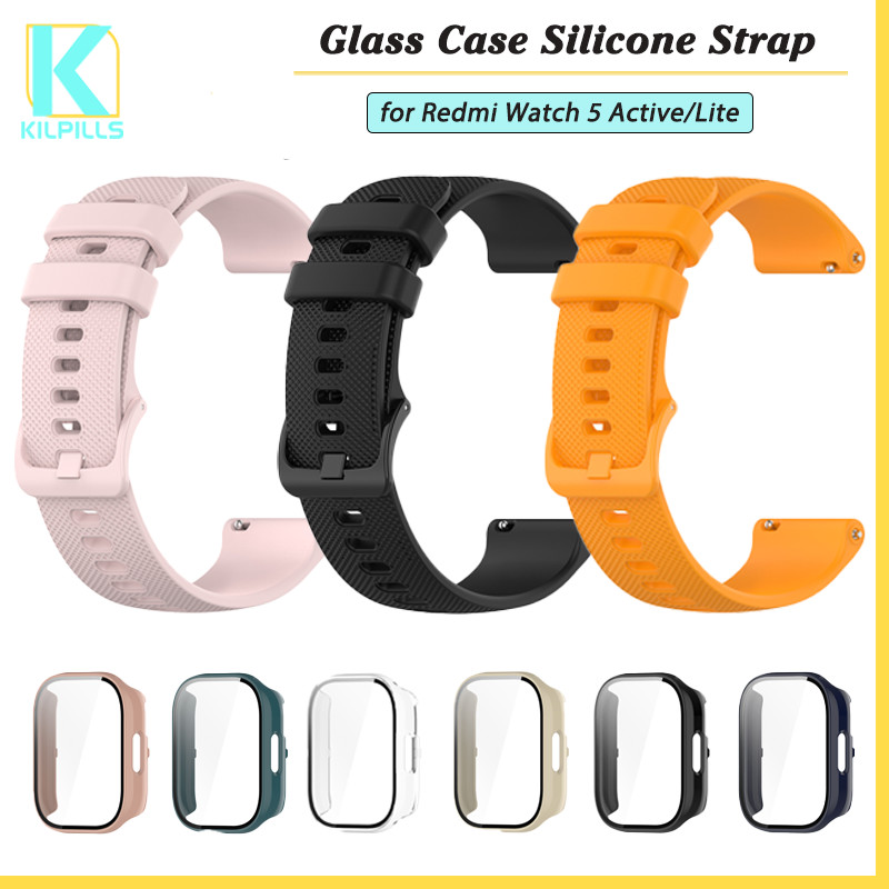กระจกนิรภัย PC กรณีซิลิโคนสายรัดสำหรับ for Smartwatch Redmi Watch 5 Active / 5 Lite อุปกรณ์ปกป้องหน้าจอยาง 22 มม